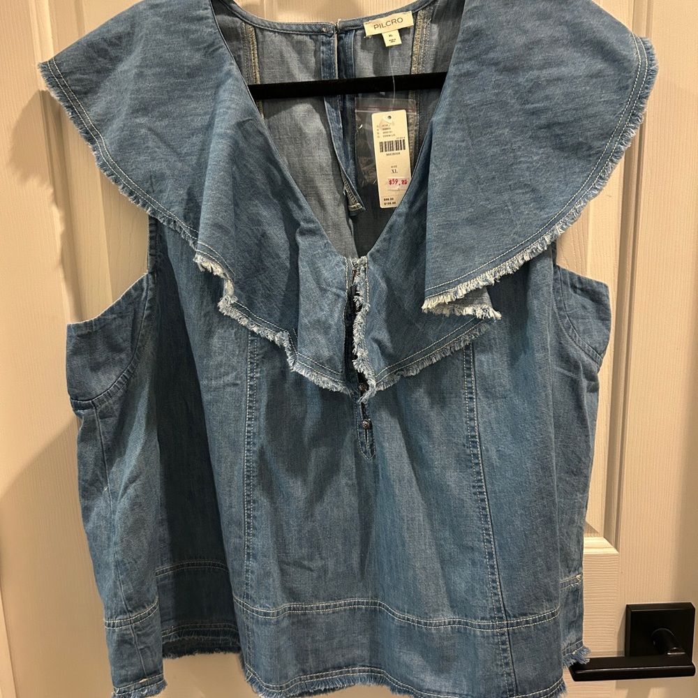 Anthropologie Pilcro Ruffle-Neck Denim Swing Blouse (XL)
